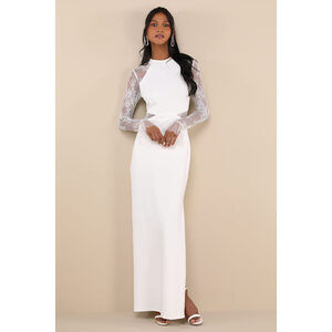 Lulus Bragging Rights White Lace Long Sleeve Column Maxi Dress - Size M